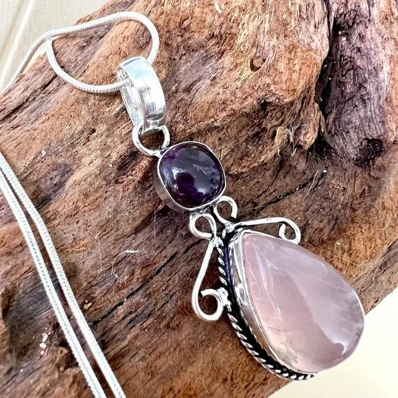 925 Sterling Silver Amethyst Rose Quartz Angel Necklace womens jewelry - Picture 7 of 10